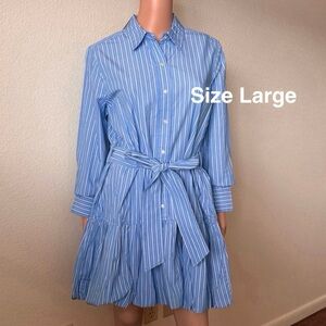Free Assembly Women's Belted Bubble Hem Cotton Mini Dress with Long Sleeves
